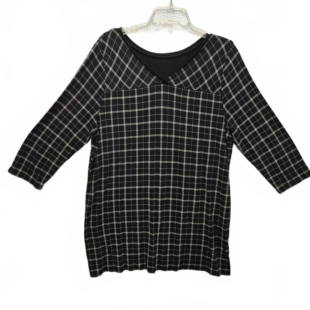 J Jill Wearever Black & White Plaid 3/4 Sleeve V-Back Tunic Knit Top Large - Picture 2 of 5